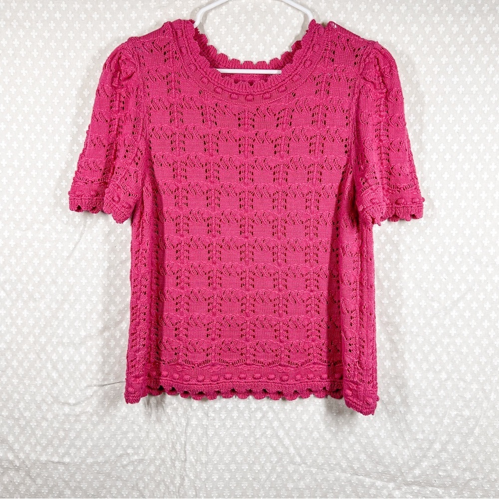 Anthropologie Pink Crochet‎ Knit Short Sleeve Top
